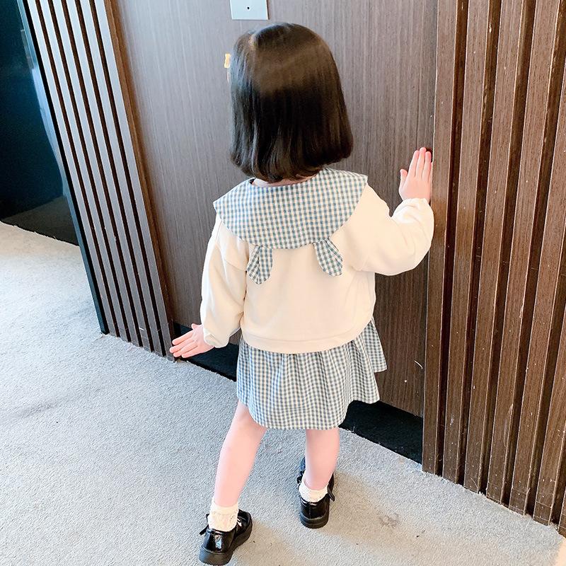 Clothing Sets Girls' Suits Skirts Autumn Clothes Western Style Knitted Jackets Doll Collar Plaid Dresses Two-piece Suit