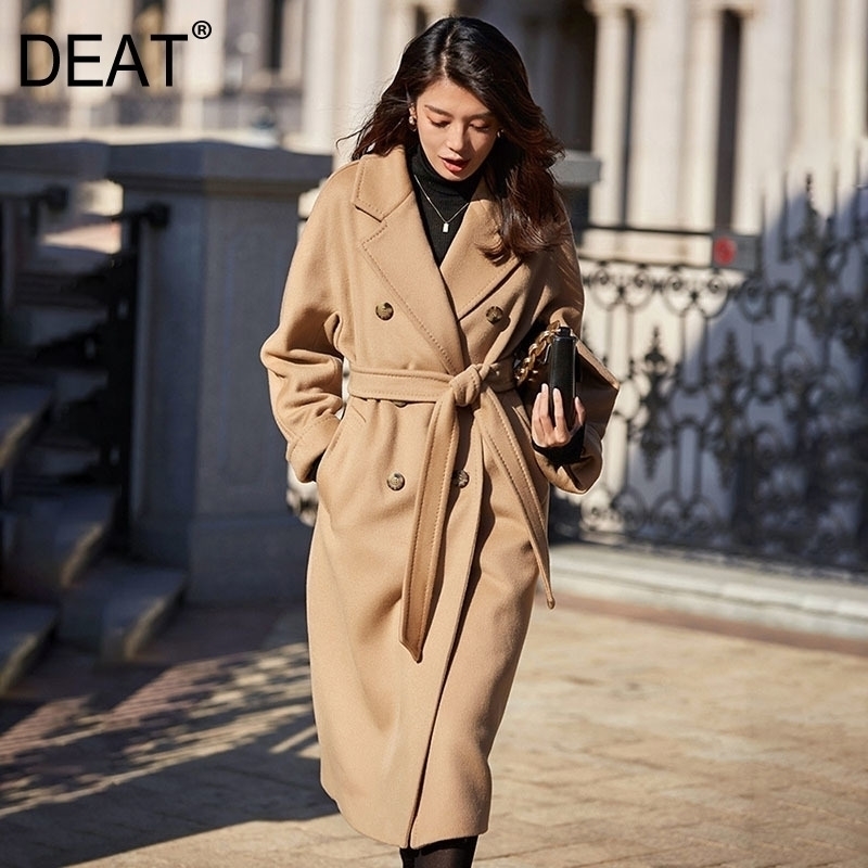 DEAT Autumn Winter High Quality Wool Cashmere Lapel Lacing Double Button Woolen Coats Womens Elegant High Street AR914 201102