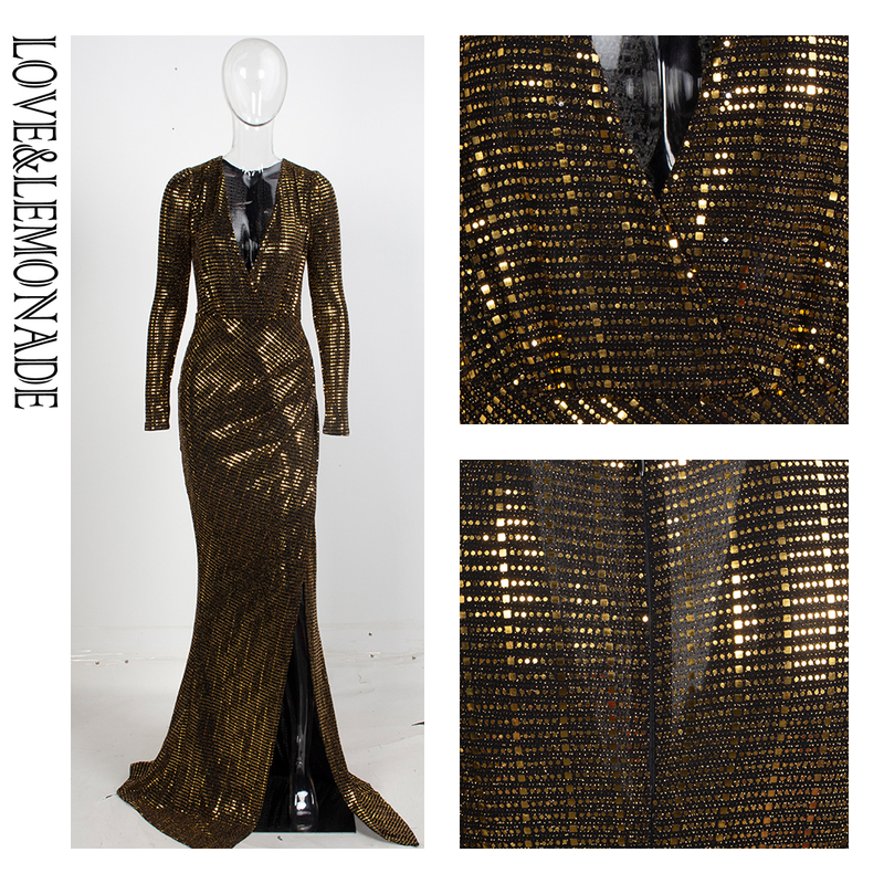 LOVE&LEMONADE Sexy Gold Deep V-Neck Cut Out Puff Sleeves Glitter Sequins Elastic Material Maxi Dress LM81715 220507