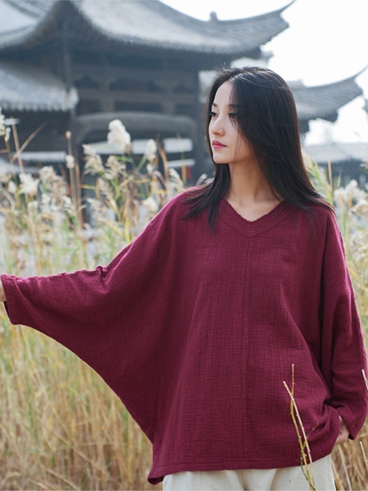 Johnature Spring Bat Sleeve T Shirts Vintage Women Cotton Linen V Neck Solid Color Cloths Casual 220714