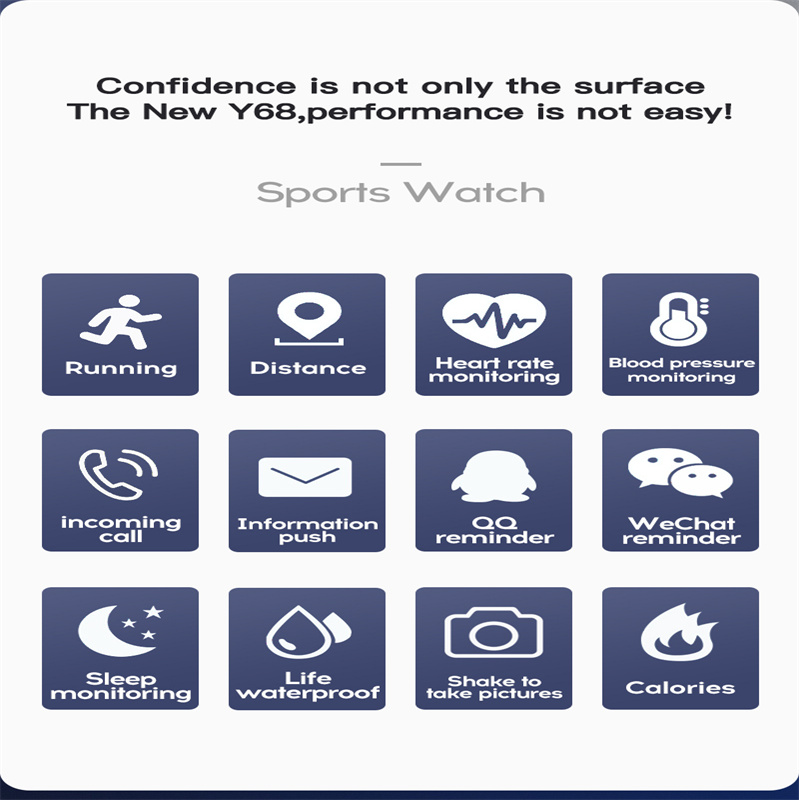 Y68 Smart Wristbands Watch Heart Rate Blood Pressure Blood Oxygen Monitoring Multi-Function Wristband Reminder Sleep Monitorings