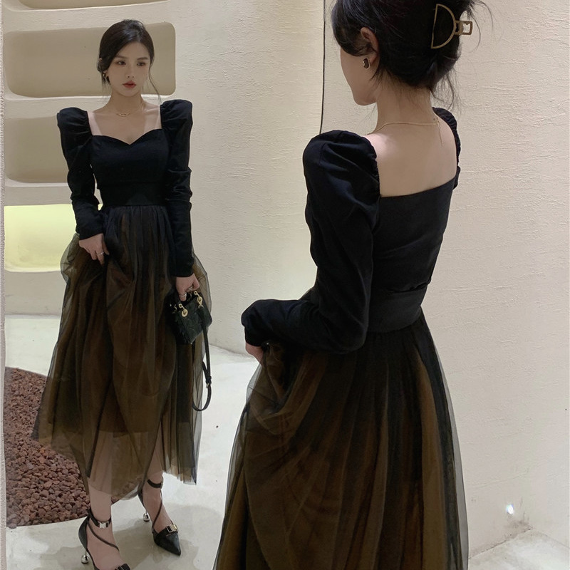 Black Elegant Skirt Suit Women Winter France Vintage Set Woman 2 Pieces Chic Korea Y2k Blouse + Gauze Party Midi 220322