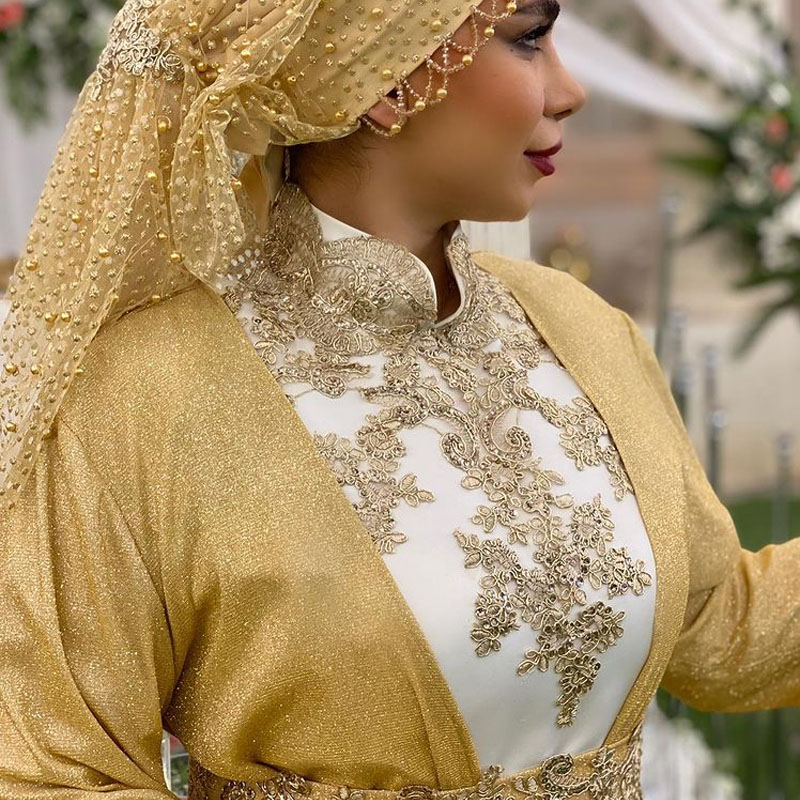 Glitter Traditional Muslim Wedding Dresses Gold Bridal Gown with Flare Sleeve Contrast Color A Line Arabic Dubai Turkey Womens robe mariage 0516