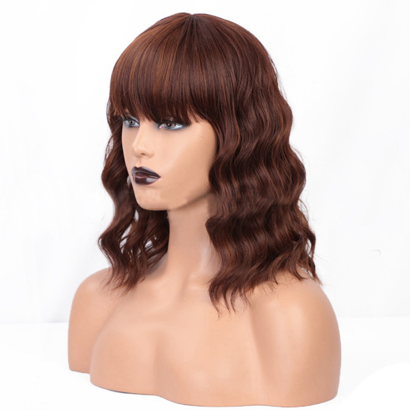 Beautiful Short Water wavy Synthteic Hair Wigs with Bangs for Women Afro wig Brown Ombre Color Wave wig