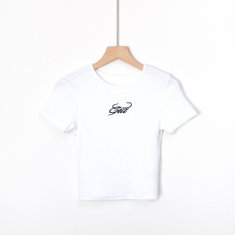 Women gia letters embroidery short sleeve ribbed tshirt tee crop top cropped Tee Vintage 90s Casual Solid Summer For 220321