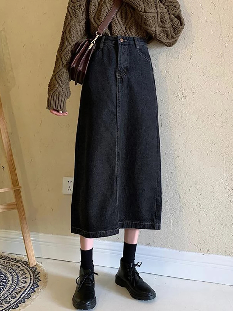 Luck A Fashion Retro Long Summer Spring Denim Skirts Girls High Waist Button Pockets Split Jeans Straight Maxi Denim Skirts 220701