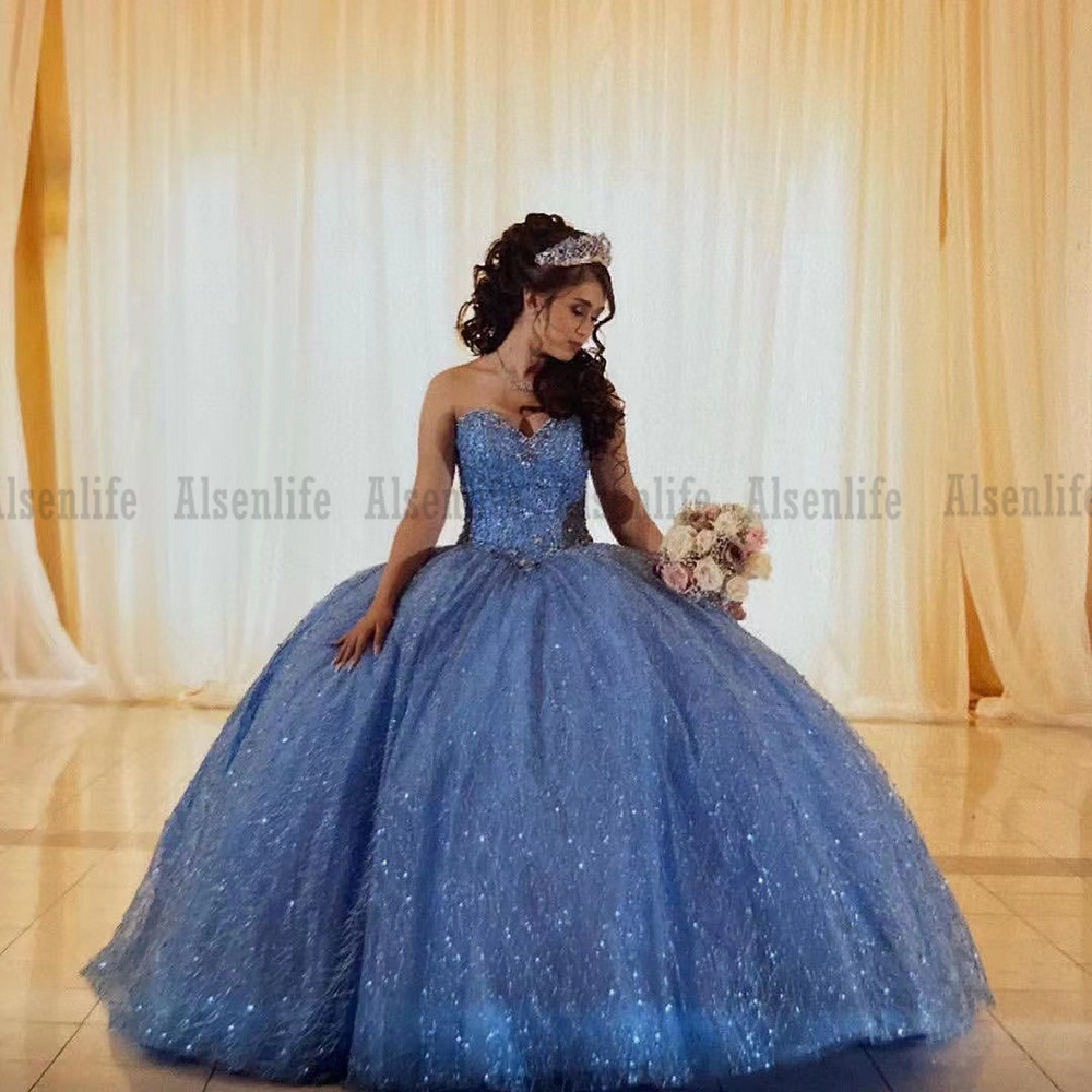 Romantic Blue Sparkly Quinceanera Dresses Beading Sweet 15 16 Years Old Girl Princess Prom Gowns