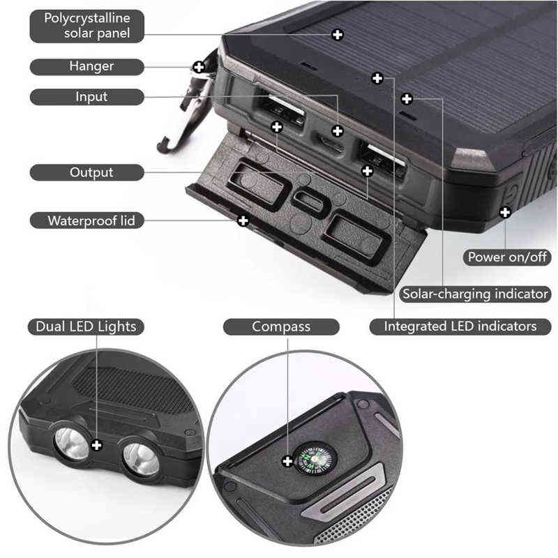 Solar Power Bank Mah Waterproof Portable Solar Charger Power Bank External Battery Power Bank With Led Camping Light J220531
