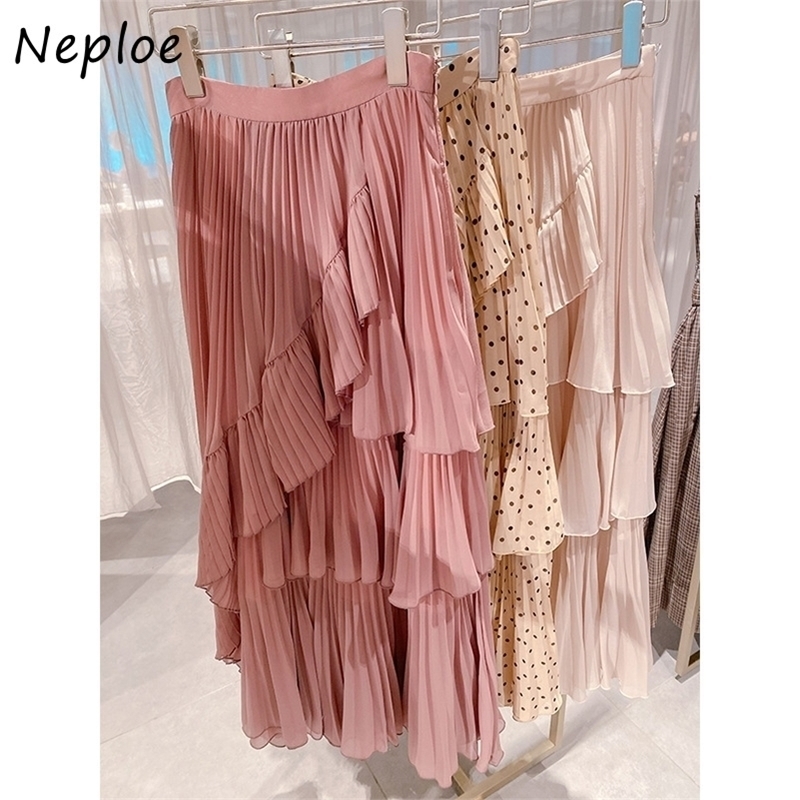 Neploe Japan Style Vintage Polka Dot Women Skirt Irregular Ruffles Femme Jupe High Waist Bodycon Midlength Chiffon Skirts 210306