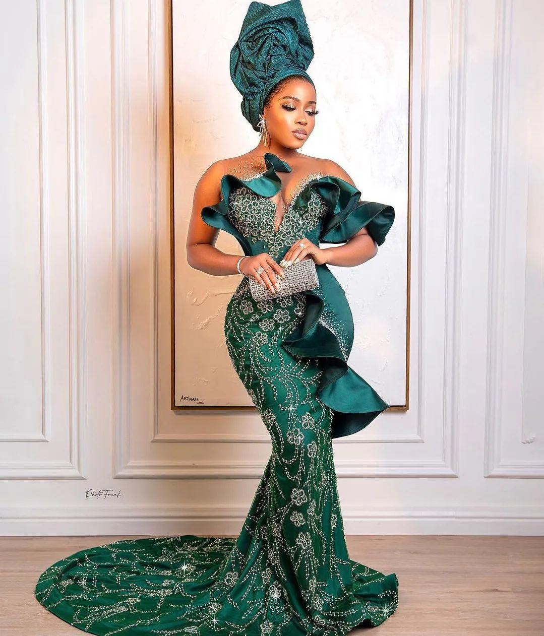 Plus Size Arabic Aso Ebi Hunter Green Mermaid Prom Dresses Beaded Lace Evening Formal Party Second Reception Birthday Gowns Robe De Soiree 0219