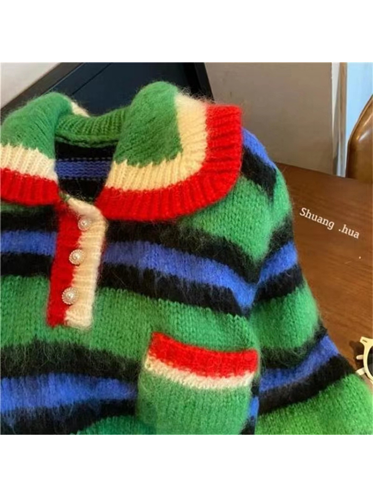 Women Autumn Winter Turtleneck Contrast Color Vintage Pearl Button Knitwear Jumper Oversize Long Sleeve Knitted Pullover Sweater 220816