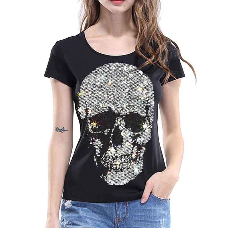 Casual Skulls T-shirt Women Summer Short Sleeve Tops Lady Fashion Streetwear Slim Cotton Tshirts Plus Size S-5XL 220321