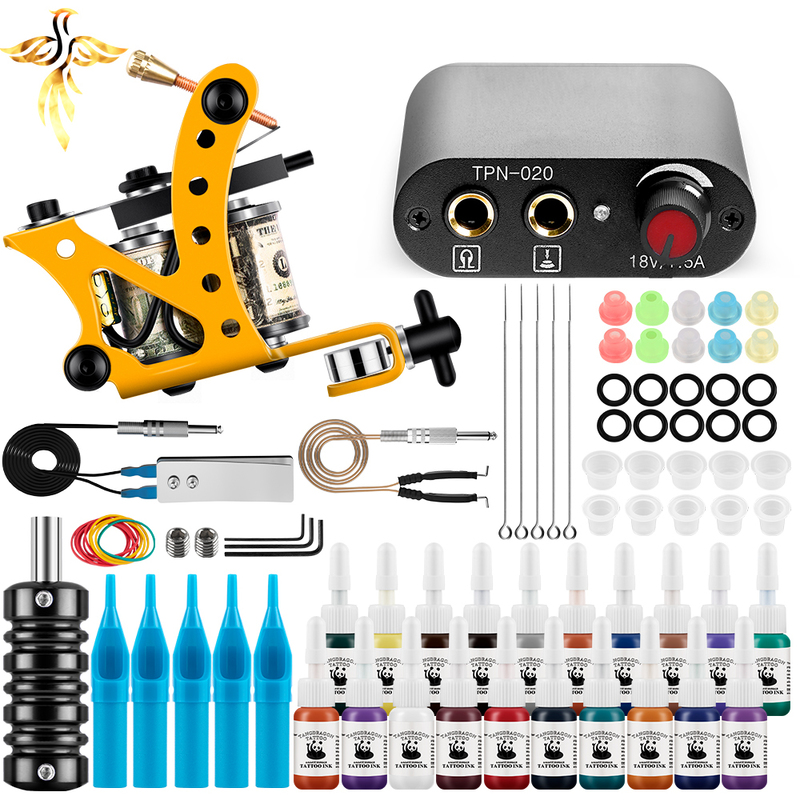 

Tattoo Kit Machines Gun With Ink Power Supply Grips Body Art Design Tools Complete Set Accessories Supplies 220728