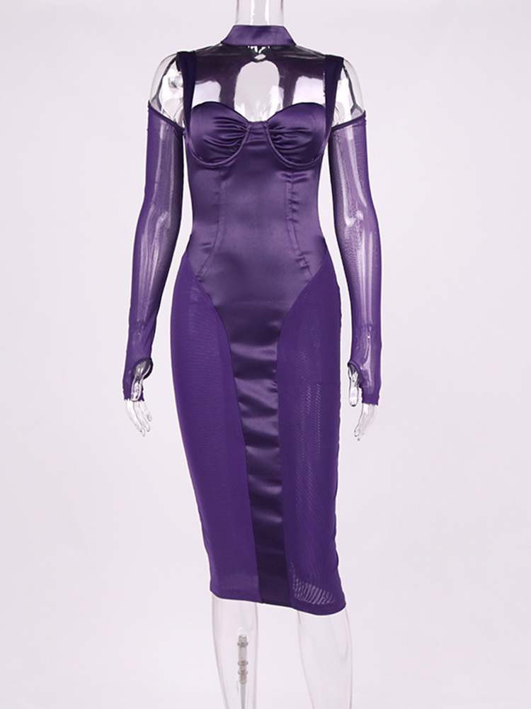 Asia Mesh Satin Dress Long Sleeve See Through Patchwork Cut out Boned Pads Midi Corset Sexy Women Party Bodycon es 220507