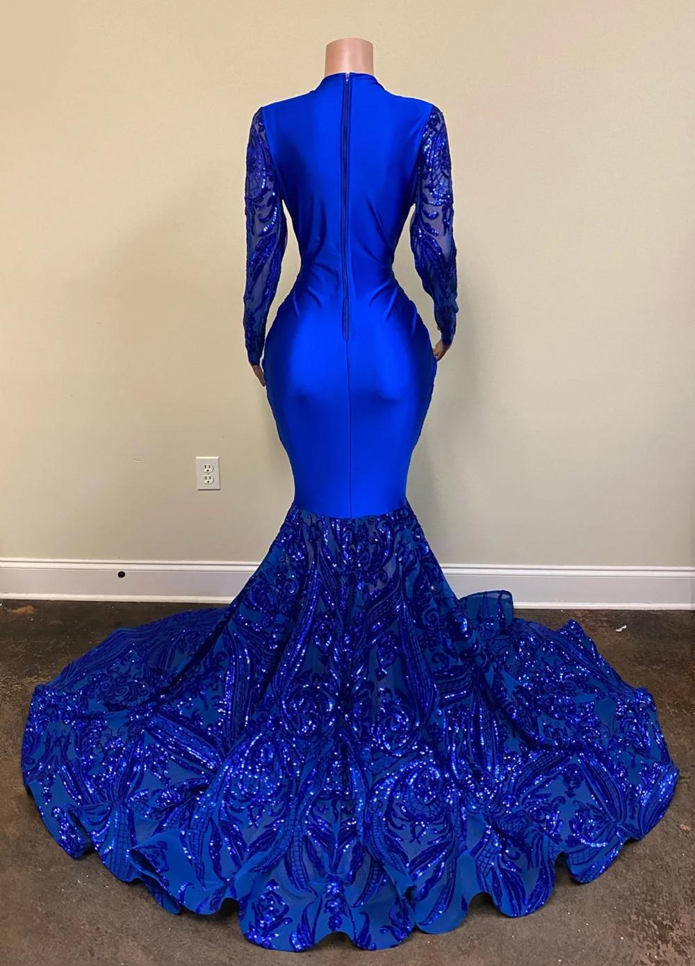 2022 Royal Blue Mermaid Prom Dresses Sparkly Lace Sequins Long Sleeves Black Girls African Celebrity Evening Gown 0431