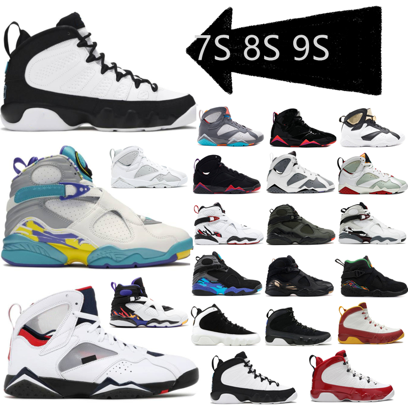 

2022 Basketball shoes Top Fashion Men 7s Black Gross Flint Poor Money 8s Bred White Aqua Blabck 9s Gym Red University Blue Sneaker Trainers, Box