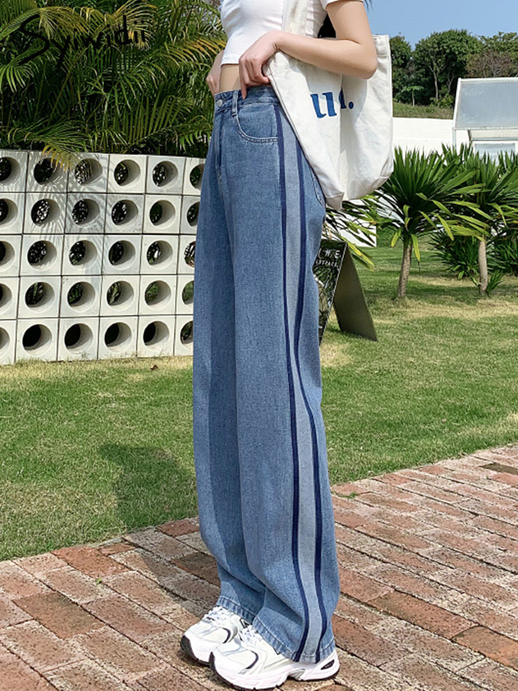 Syiwidii Side Stripe Jeans for Women High Waisted Y2k Fashion Vintage Streetwear Hit Color Blue Denim Cargo Pants Female 220815