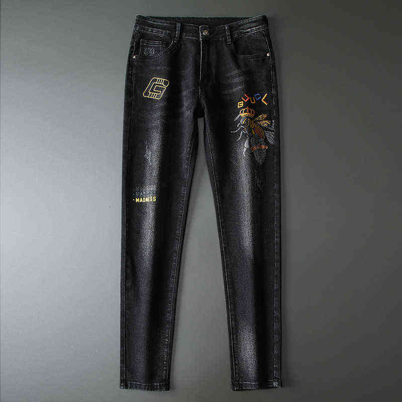 Winter Autumn Fashion Jeans Men's Korean Version Elastic Slim Fit Little Feet Bee Embroidered Pants