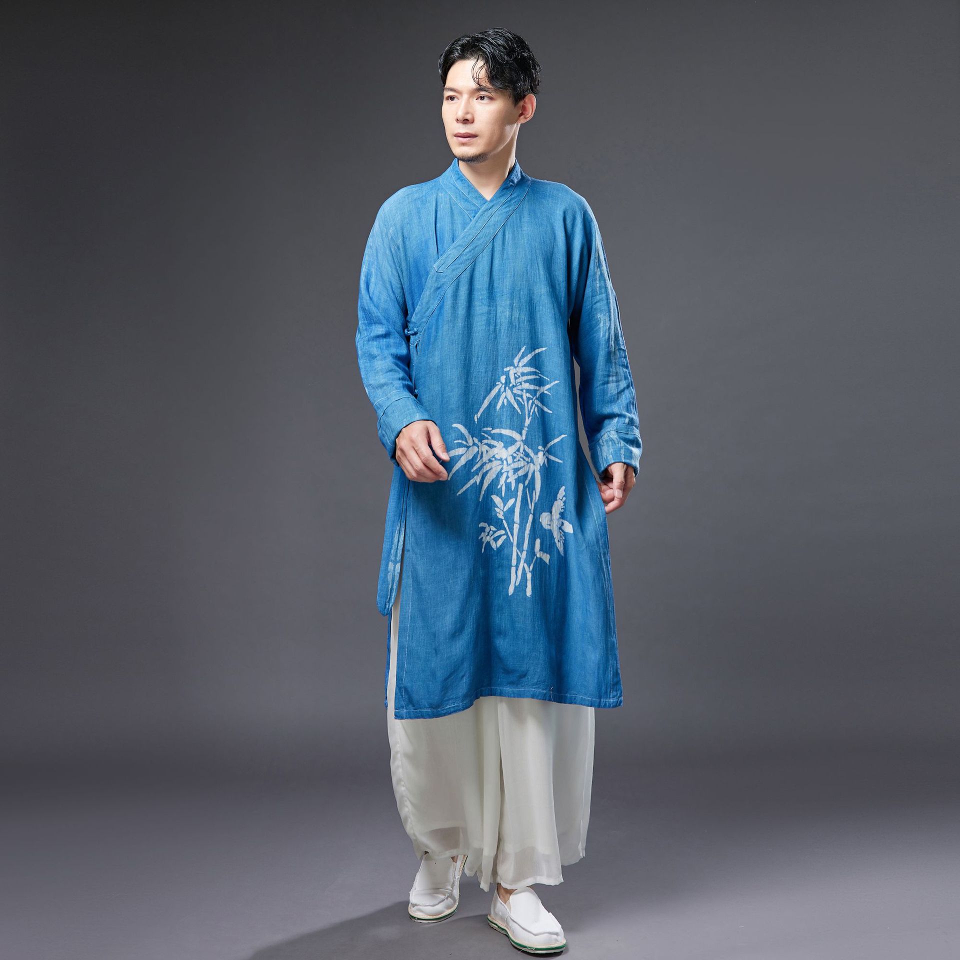 Ethnic Clothing for Men Chinese Hanfu Male cheongsam Traditional Tang suit Oriental Costume Breathable print blue Asian outfit