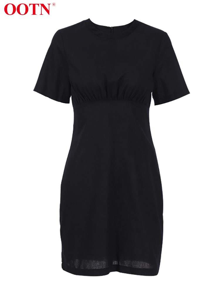 OOTN Summer Casual White Women Dress Short Sleeve O-Neck Black Solid Dress Ladies Elegant High Waist Cotton Linen Dresses 220511