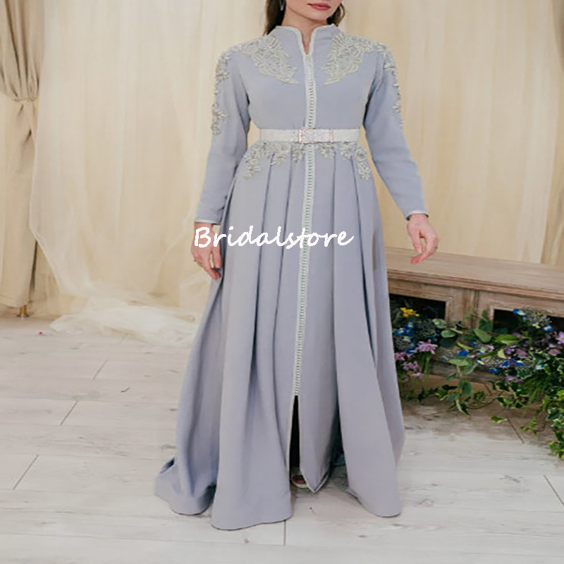 Chic Dusty Blue Arabic Turkey Evening Dress Jumpsuit Overskirt Train Long Sleeve Prom Dresses 2022 Algerian Moroccan Party Gown Formal Outfit Receptio