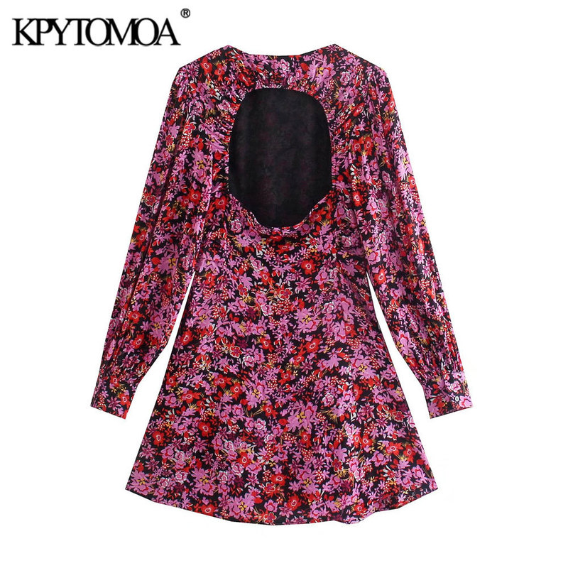 Women Fashion Floral Print Backless Mini Dress Vintage O Neck Long Sleeve Female Dresses Vestidos Mujer 220526