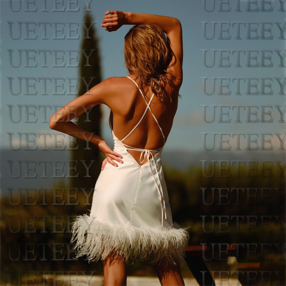 Vintage Feather Prom Dress Spaghetti Strap Backless Short Evening Dresses Custom Made V-Neck Sleeveless Party Gowns