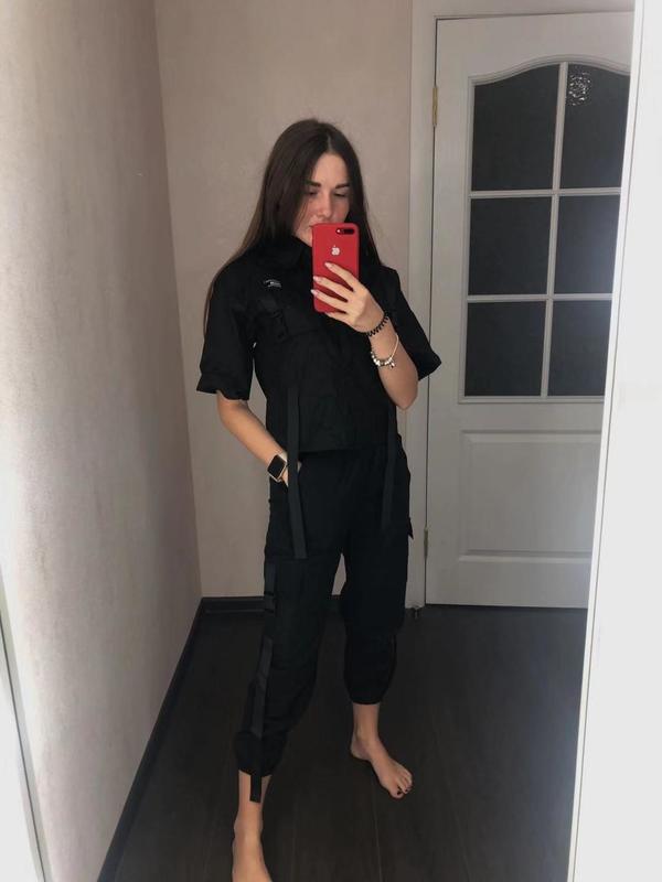 Autumn Streetwear Pants High-Waist Straight Ribbon Cargo Student Loose Short-Sleeved Shirt with Tie two-piece Set 220325