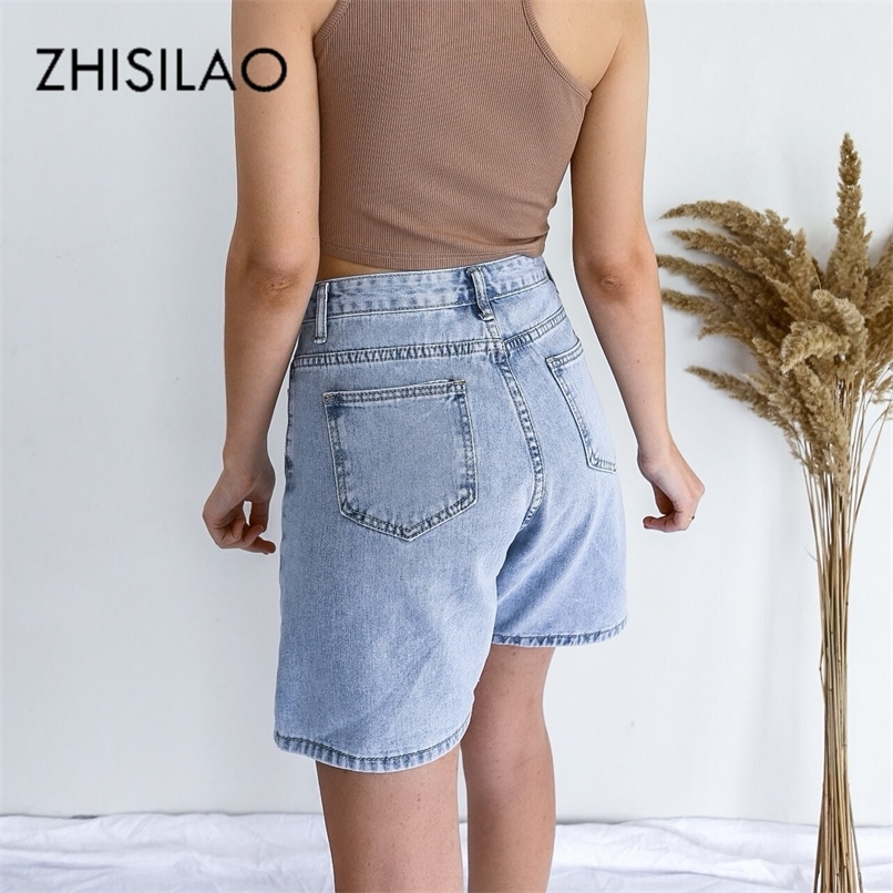 ZHISILAO Solid Knee length Denim Shorts Women Summer Vintage Boyfriend High Waist Wide Leg Jeans Streetwear 220630