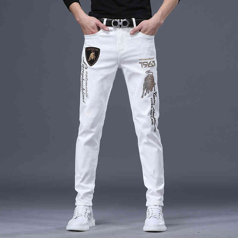 Men's pants slim fit small foot elastic brand letter embroidery hot drill jeans men's fashion, 6621 white
Men's pants slim fit small foot elastic brand letter embroidery hot drill jeans men's fashion, 6621 white