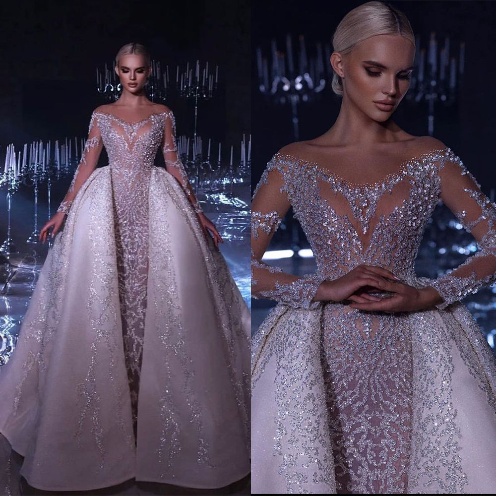 Princess Mermaid Wedding Dress Long Sleeves V Neck Backless Detachable Train Appliques Sequins Dias or Length Bridal Gowns Custom Made Vestido de novi