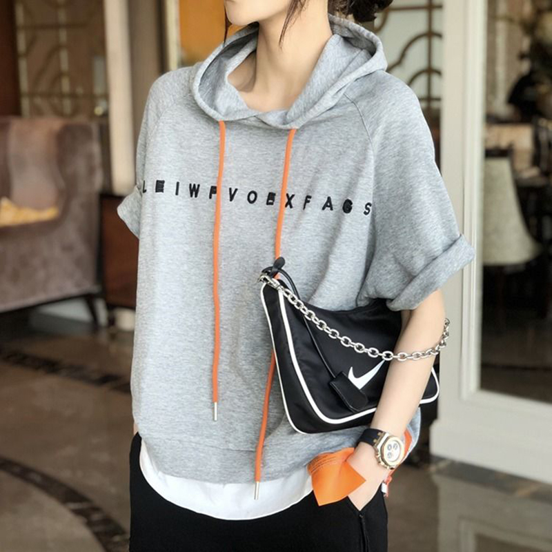 Summer Fashion Women Short Sleeve Loose T-shirt All-matched Casual Hooded Tee Shirt Femme Letter Print Tops 100% Cotton S823 220321