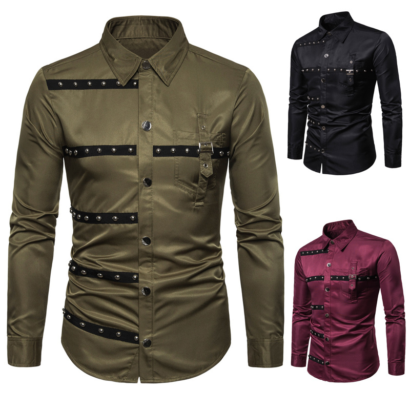European Version Mens Gothic Style Rivet Long Sleeve Shirt Dress Casual Hip Hop Male Personality Shirts Fit Slim Clothes 220322