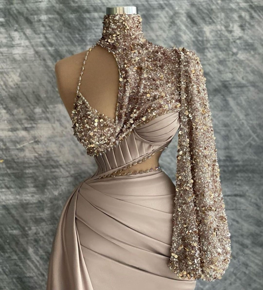 Sexy Prom Dresses Sequins Beads High Neck One Shoulder Custom Made Formal Dubai Evening Dress Sweep Plus Size Special Occasion Vestido De Noite