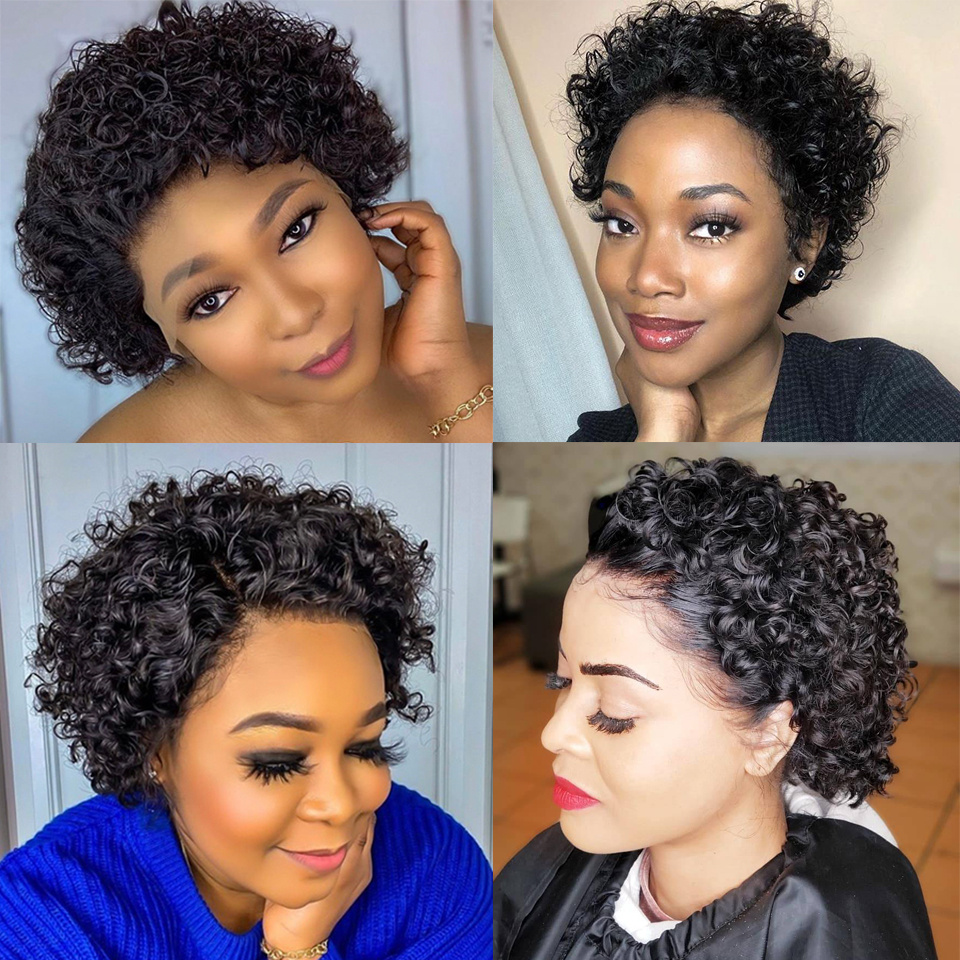 Short Curly Front Wig Brazilian Water Wave Human Hair Pixie Cut Transparent Lace Closure Wigs For Black Women