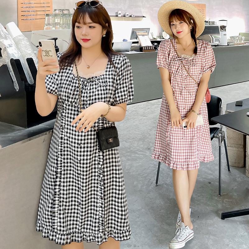 Plus Size Dresses Women's Summer Check Lace Bow Ruffled Slim Fit Dress, Black