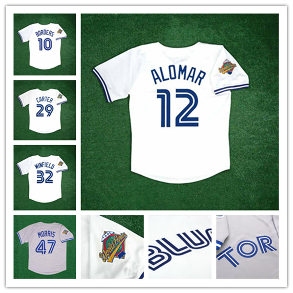 

Custom Toronto 1992 Retro WS Baseball Jerseys Joe Carter Roberto Alomar Pat Borders Dave Winfield John Olerud David Wells Jack Morris Blue Bo Jays Bichette Stitched, Man nk flexbase light blue