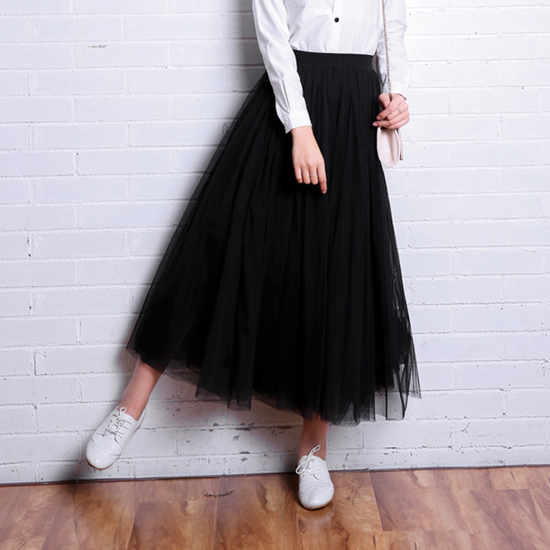 OHRYIYIE Autumn Winter Vintage Tulle Skirt Women Elastic High Waist Mesh Skirts Long Pleated Tutu Skirt Female Jupe Longue 220701
