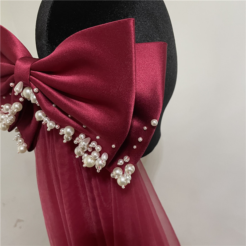 Burgundy Wedding Veil and Big Bow with Beading 2022 Tulle Satin Wedding Accessoris Bridal Veils