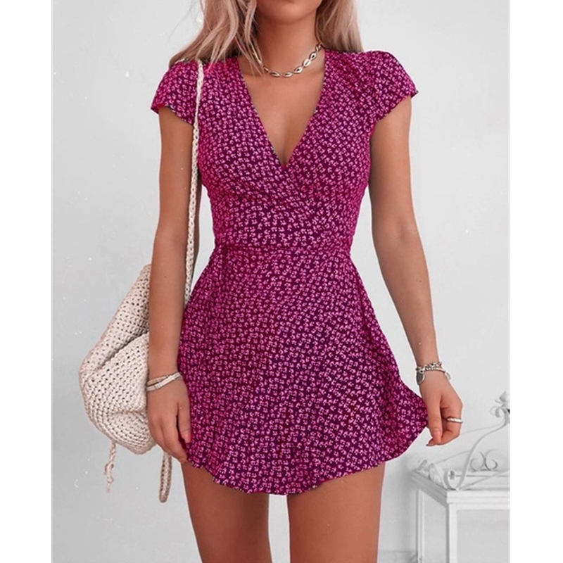 Floral Print Mini Dress for Women Short Sleeve Sexy V-neck Dresses Ladies High Waist Fashion Vestido Summer High Street 220510