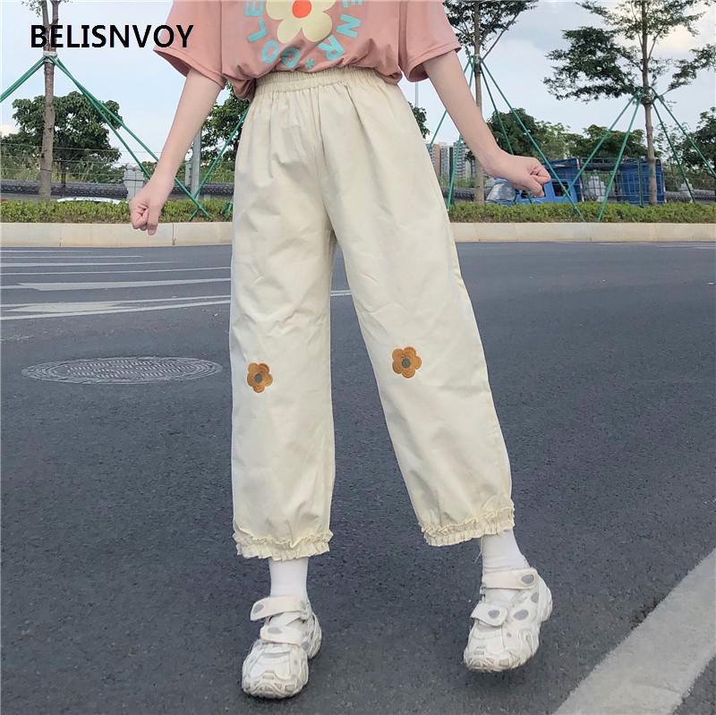 Japanese Kawaii Harajuku Teen Girls Loose Bear Embroidery Wild Leg Baggy Pants Casual Female Sweet Cute Sweatpants Trousers 220325