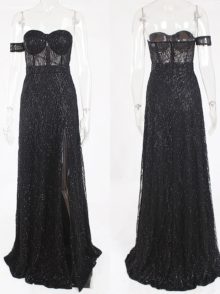 One Sleeve Strapless Long Ball Gown Split Leg Hollow Out Padded Black Glittered Party Maxi Dress 220429