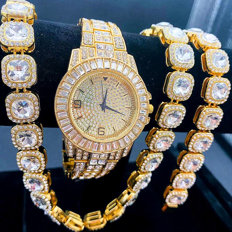 Wristwatches 3PCS Iced Out Watch + Bracelet Necklaces For Men Women Couple Gold Link Chains Bling Jewelry Set Watches, Gold gao 3pcs
Wristwatches 3PCS Iced Out Watch + Bracelet Necklaces For Men Women Couple Gold Link Chains Bling Jewelry Set Watches, Gold gao 3pcs