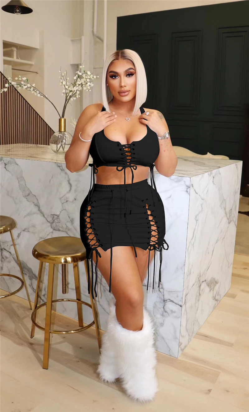 New Wholesale Sexy Women Dress Sets Summer Skirt Suits Sexy V neck Bandage Crop Top+hollow Out Mini Skirt Matching Set Night Club Wear Bulk 7339
