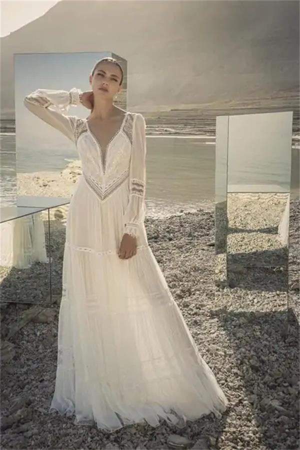 Inbar Freiman 2022 Bohemian 2022 Chiffon Wedding Dress Lace Long Sleeve V Neck Bridal Dresses A Line Wedding Gowns Vestido de Noiva