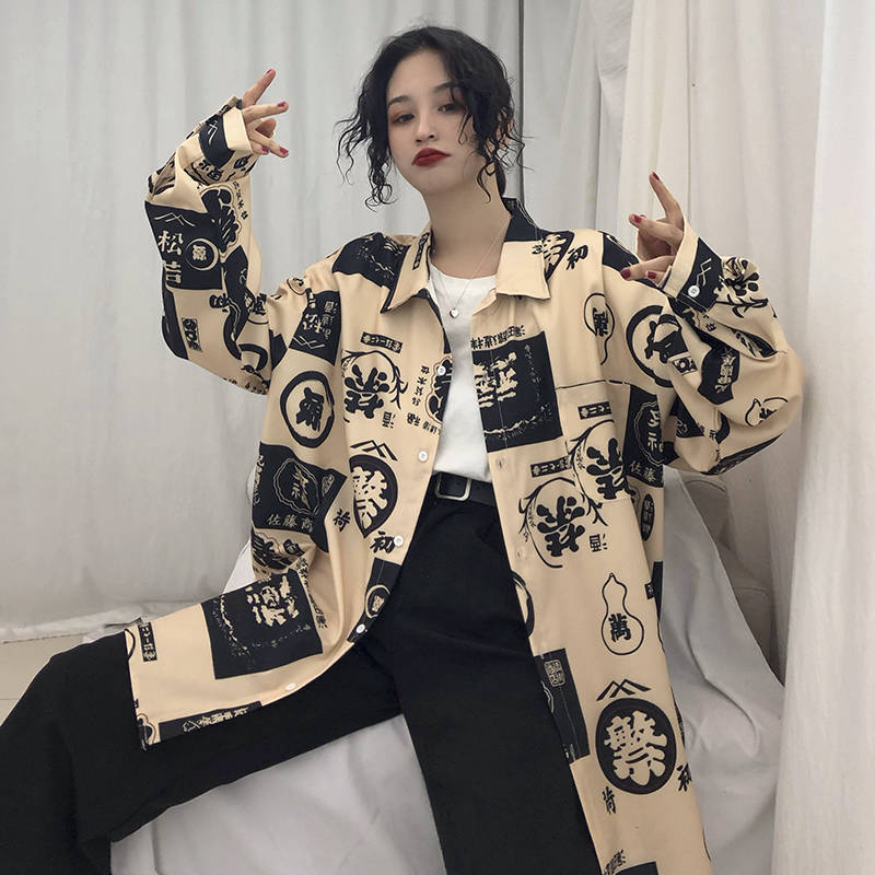 Streetwear Harajuku Blouse Couple Shirt Women Men Clothing Blouses Bf Long Shirts Spring Autumn Turn-down Collar Casual Top 220322