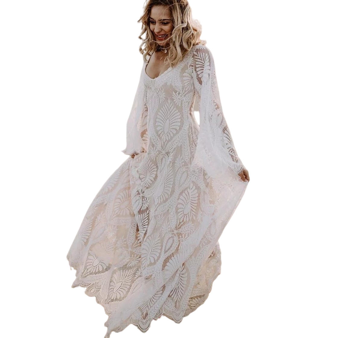 Boho Deep U Neck beach wedding dresses Sweep Train Flare Sleeve Lace open back hippie free people bohemian country bridal gowns
