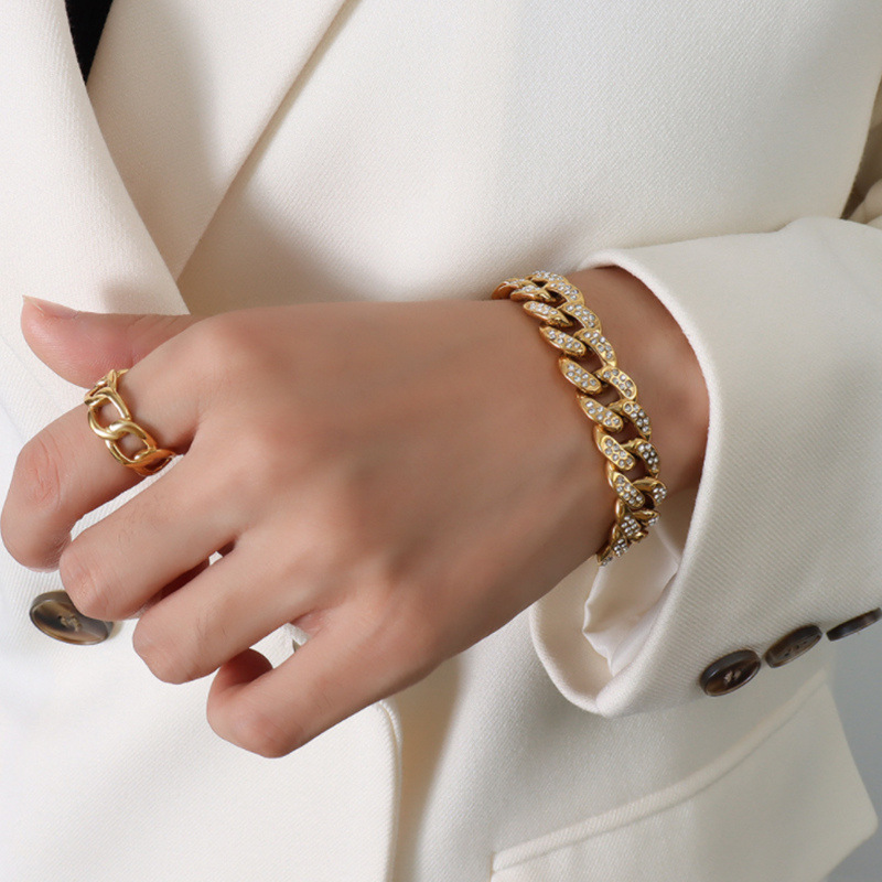 Hip hop Thick Gold Silver Diamond Bracelet Shiny Cuban Full Rhinestone Hand Chain Men's Bracelet Jewelry