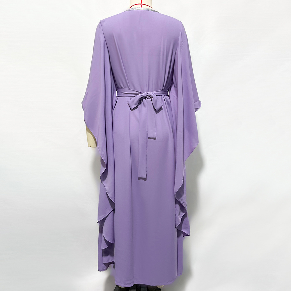 Muslim Lilac Caftan Marocain Evening Dress 2022 With Caped Sleeves Sexy V Neck Abaya Dubai Prom Dresses Elegant Formal Party Vestidos De Robe Midi Abi