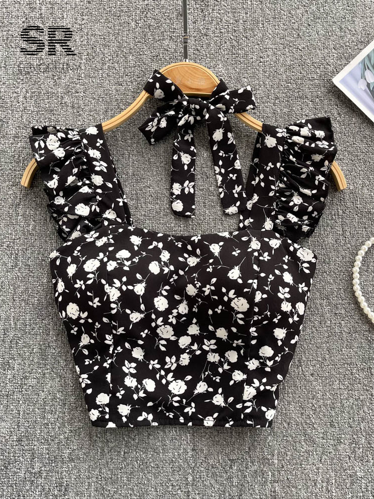 SINGREINY Summer Floral Strap Tops Women Square Neck Bow Ruffles Short Camisole Fashion Korean Flower Ladies Elastic Waist Top 220325